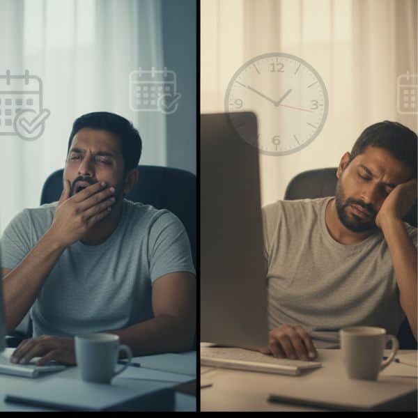 दफ़्तर (Office) में दोपहर के समय थकान और नींद की कमी से जूझता व्यक्ति। वह अपनी आँखें मल रहा है और उबासी (yawning) ले रहा है, जिसके पीछे धुंधले (Blurry) हो रहे कंप्यूटर स्क्रीन और काम का ढेर दिख रहा है, जो एकाग्रता की कमी को दर्शाता है।