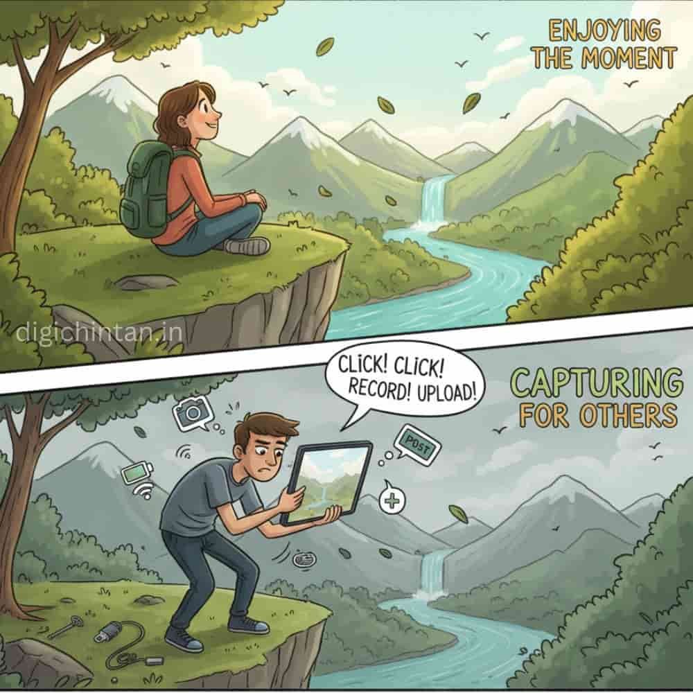 Example of Mobile Capture Culture : A split cartoon image showing the irony of modern travel. Top: A person calmly sitting on a cliff, enjoying a peaceful mountain view and river, titled 'ENJOYING THE MOMENT'. Bottom: The same person in the same location, frantically trying to record, click photos, and upload to social media on a tablet, titled 'CAPTURING FOR OTHERS'. This highlights the dilemma of living in the moment versus seeking online validation.