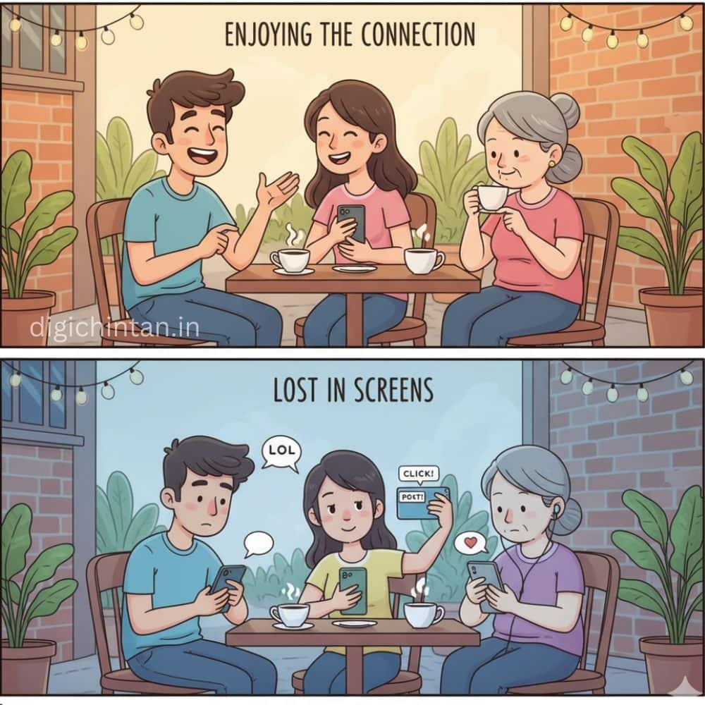 A two-panel cartoon image illustrating modern digital disconnection in a cafe. Top panel, titled 'ENJOYING THE CONNECTION': Three people (a young man, a young woman, and an elderly woman) are sitting at a cafe table, laughing, talking, and enjoying coffee together, with one person holding a phone but not actively using it. Bottom panel, titled 'LOST IN SCREENS': The same three people are now completely engrossed in their individual smartphones. The young man is scrolling, the young woman is taking a selfie and posting, and the elderly woman is listening to music with earphones, all ignoring each other. This image highlights the irony of being physically together but digitally isolated.