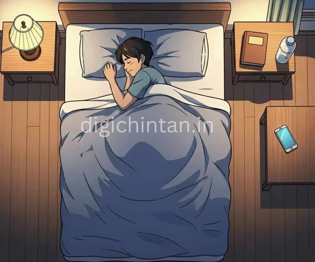 Example for Screen Free Life ऊपर से लिया गया एक कार्टूनिस्ट दृश्य (Top-View)। एक व्यक्ति गहरे और आरामदायक नींद में सो रहा है। बेड के पास वाली मेज पर शांत पढ़ने के लिए किताब और पानी की बोतल रखी है, जबकि उसका मोबाइल फोन अच्छी नींद सुनिश्चित करने के लिए काफी दूर एक अन्य मेज पर रखा गया है।