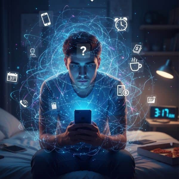 नींद न आने के कारण और समाधान: अनिद्रा को दर्शाती कलात्मक इमेज, जिसमें एक व्यक्ति बिस्तर पर लेटा है और उसके ऊपर मोबाइल, घड़ी, काम के दस्तावेज़ों और भागते विचारों का एक जटिल जाल (Complex Web) मंडरा रहा है। यह जाल आधुनिक जीवनशैली के कारण नींद में आने वाली बाधाओं को दिखाता है।