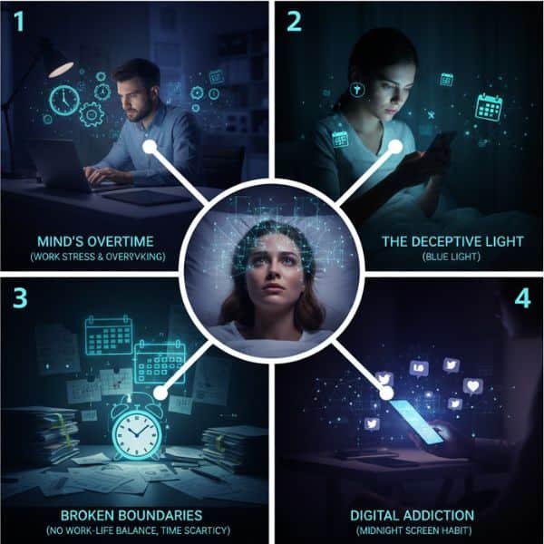 अनिद्रा के चार अदृश्य दुश्मनों को दर्शाती कलात्मक इमेज। इसमें एक व्यक्ति बिस्तर पर बेचैन लेटा हुआ है, जिसके चारों ओर मोबाइल फोन (डिजिटल लत), घड़ी (अनियमित शेड्यूल), पैसों का ढेर/चिंता (तनाव), और भोजन (गलत खान-पान) के प्रतीक दिखाई दे रहे हैं।