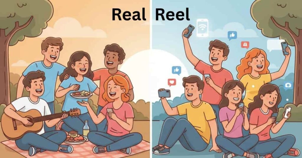 दो हिस्सों में बंटा एक कार्टून चित्र जिसमें आधुनिक जीवन की विडंबना दिखाई गई है। बायां हिस्सा 'रियल' है जहाँ लोग एक पिकनिक पर गिटार बजाते हुए और बातचीत करते हुए असली पल का आनंद ले रहे हैं। दायाँ हिस्सा 'रील' है जहाँ वही लोग फ़ोन में फ़ोटो खींचने, वीडियो बनाने और सोशल मीडिया पर व्यस्त हैं।