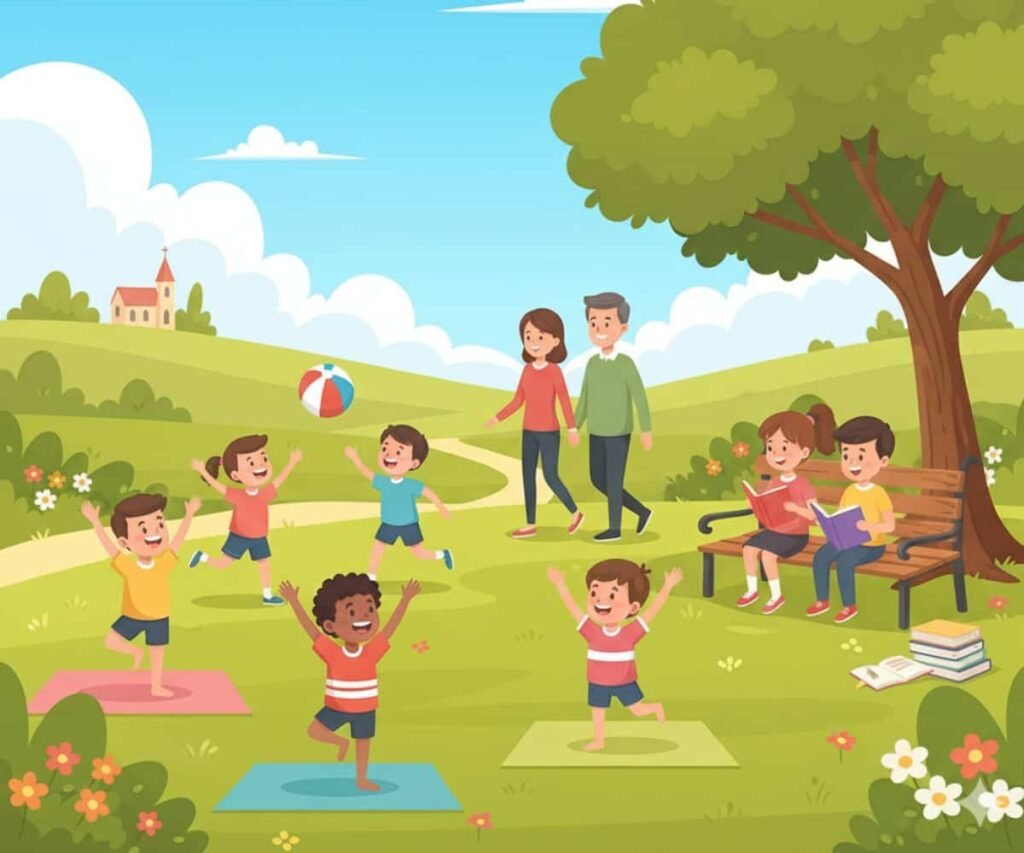 एक सुंदर पार्क का कार्टून दृश्य, जहाँ बच्चे और माता-पिता स्क्रीन से दूर प्रकृति का आनंद ले रहे हैं; बच्चे योगा, खेल और खुले आसमान के नीचे पढ़ाई कर रहे हैं, जो स्वस्थ और संतुलित जीवनशैली को दर्शाता है।