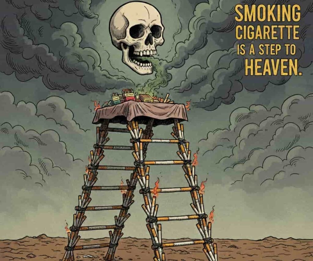 Ek vyangyatmak (satirical) cartoon, jismein poori seedhi lambi aur chhoti sigareton se banayi gayi hai. Yeh seedhi ek arthee ya baans ki seenchi ka roop le rahi hai, jo maut ki or ishara karti hai. Seedhi ke neeche zameen par jali hui sigareton ke tukde aur ek paramparik tambe ka lota rakha hai. Seedhi ke theek upar ek badi aur bhayanak khopdi (skull) hai jisse hara dhuaan nikal raha hai. Paas mein caption likha hai: 'SMOKING A CIGARETTE IS A STEP TO HEAVEN.' Yeh chitra dhumrapan ke ghatak parinamon par ek teekha samajik vyangya hai.