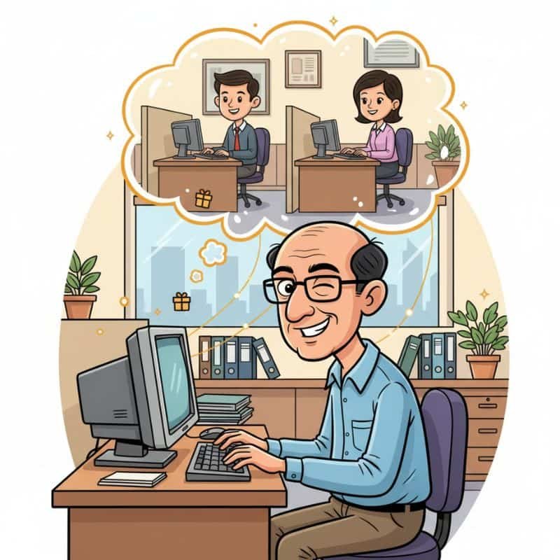 सॉफ्ट रिश्वतखोरी अंकल का रंगीन कार्टून चित्र। एक दुबला-पतला दफ़्तर कर्मचारी अपनी चतुर सोच से बच्चों को नौकरी दिलाने की योजना बना रहा है।