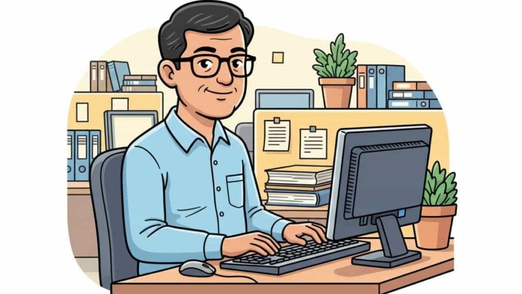 सॉफ्ट रिश्वतखोर अंकल का रंगीन कार्टून। एक सीधा-साधा दफ़्तर कर्मचारी कंप्यूटर पर काम करते हुए।