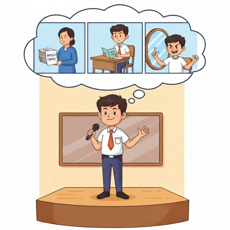 एक छात्र का चित्रण जो मंच पर आत्मविश्वास से खड़े होने से पहले, भाषण (डेटा) का उपयोग करके खुद को तैयार (ट्रेन) कर रहा है; यह प्रक्रिया मशीन लर्निंग की ट्रेनिंग को दर्शाती है।