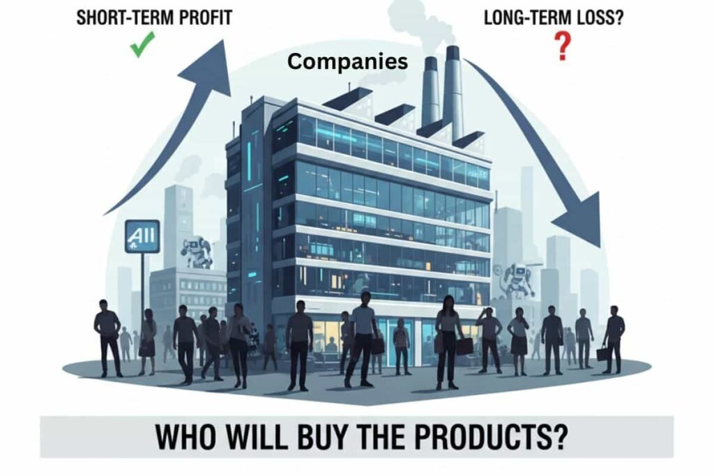 AI और रोबोटिक्स से कंपनियों के तात्कालिक लाभ और दीर्घकालिक नुकसान के विरोधाभास को दर्शाती इमेज। एक तरफ बढ़ती कंपनी का मुनाफा दिख रहा है, जबकि दूसरी तरफ घटती उपभोक्ता क्रय शक्ति का संकेत है, जो यह सवाल उठाता है कि 'उत्पाद कौन खरीदेगा?'।
