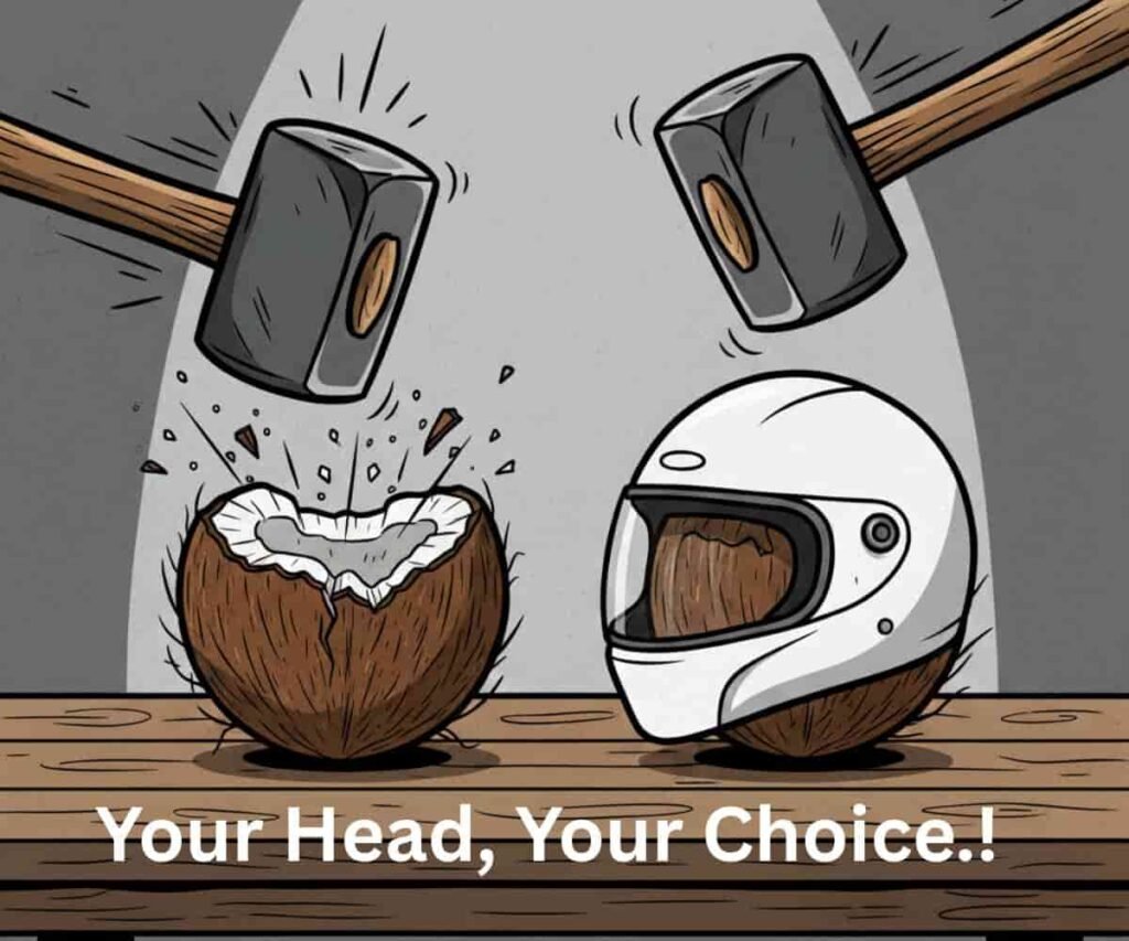 "Ek table par do nariyal rakhe hain, jo suraksha ke beech chunav darshate hain. Baen or ka nariyal tukdon mein toota hua hai (bina helmet ke sir ka prateek), jaise uspar abhi-abhi ek hatouda (hammer) laga ho. Dahine or ka nariyal surakshit hai aur usne ek chamakdar, peela helmet pehna hua hai. Dono ke upar do bade hatoude dikh rahe hain jo jor se vaar karne ki taiyari mein hain. Yeh chitra darshata hai ki helmet pehenna ya na pehenna, mautarcycle chalate samay vyakti ka apna faisla hai."