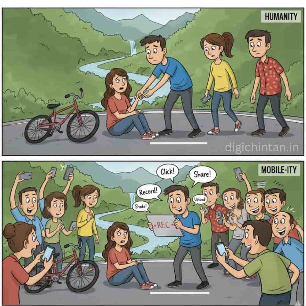 A split-panel cartoon illustrating the decline of empathy in the digital age. Top panel, titled 'HUMAN CONNECTION': A person is genuinely helping another who has fallen off their bicycle on a road, focusing on aid and support. This represents traditional human empathy. Bottom panel, titled 'CAPTURING THE SCENE': The same scene where the person has fallen off the bicycle, but now onlookers are standing around, not offering help, and are instead recording the accident with their smartphones for social media. This contrast highlights the modern shift from offering assistance to creating content
