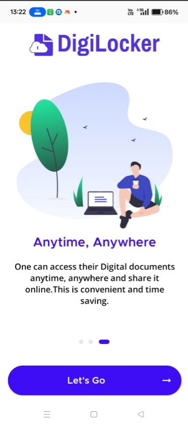 DigiLocker ऐप की इंट्रों स्लाइड: डिजिटल दस्तावेज़ों की Anytime Anywhere ऑनलाइन पहुँच और सुविधा को दर्शाती है