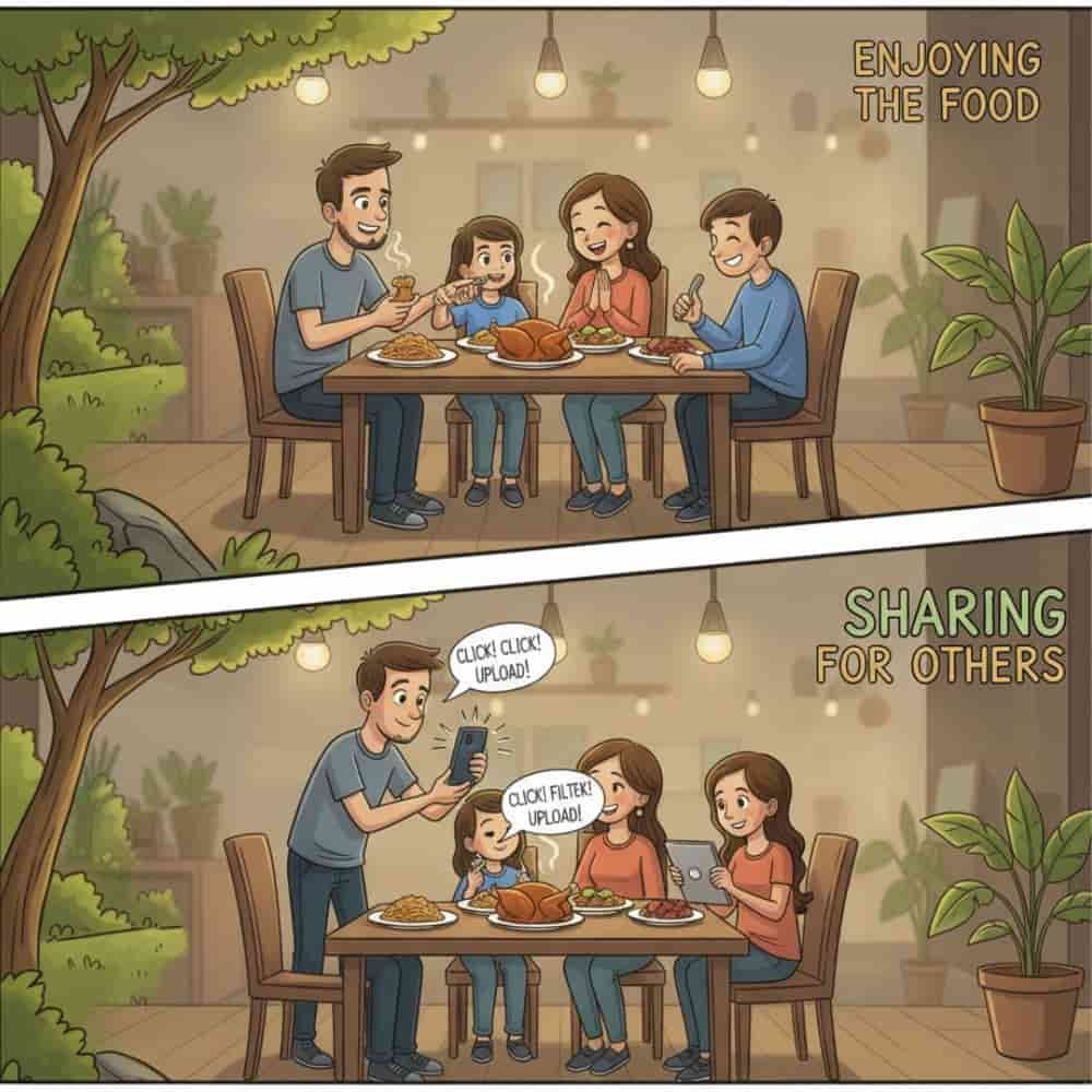A two-panel cartoon image illustrating the difference between enjoying food and showing it off. Top panel, titled 'ENJOYING THE FOOD': A happy family (parents and two children) is sitting at a dining table, smiling, and peacefully eating their meal together. Bottom panel, titled 'SHARING FOR OTHERS': The same family is busy capturing photos of the food with smartphones and a tablet, using filters, clicking, and uploading, completely ignoring the meal and each other. This contrast highlights the modern habit of 'foodstagramming' over family connection