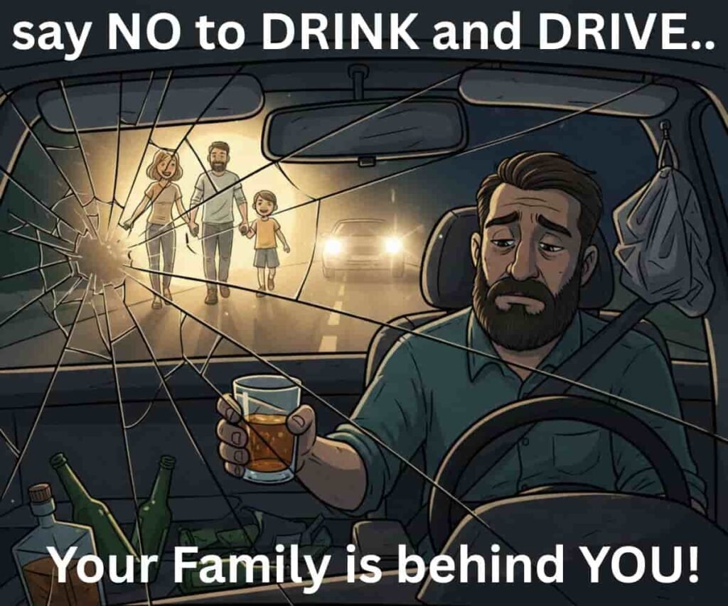 Yeh ek bhavnatmak (emotional) cartoon chitra hai jo 'Drink and Drive' ke gambhir parinamon ko darshata hai. Ismein ek car ke steering wheel par driver ka haath dikhaya gaya hai. Car ke rear-view mirror mein sadak ki jagah, ghar ka drishya dikh raha hai jahan driver ka parivaar (patni aur bachche) chinta mein uski raah dekh rahe hain. Yeh drishya driver ko yeh yaad dilata hai ki uske har faisle ke peeche uska parivaar hai, aur yeh 'Think before you drink' aur 'Your Family is behind YOU!' ke sandesh ko prabhavshali tarike se pesh karta ha