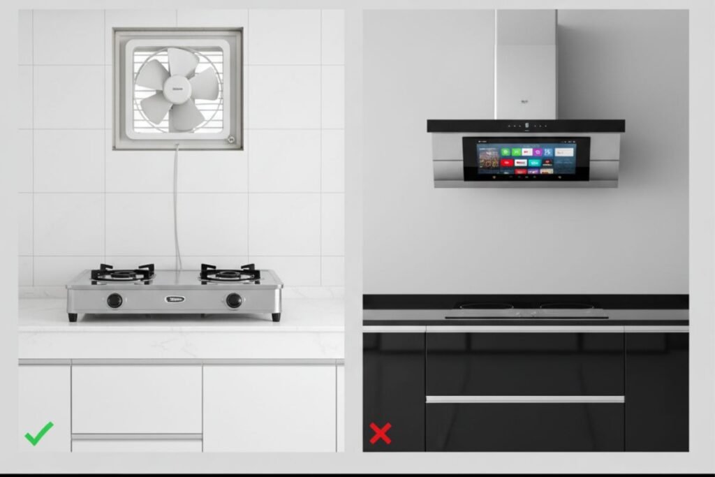 Simple life to complex life : सरल जीवन को दर्शाने वाला साधारण किचन एग्जॉस्ट फैन और जटिल/महँगे जीवन को दर्शाने वाली बड़ी स्क्रीन (YouTube/Netflix) वाली मॉडर्न इलेक्ट्रिक चिमनी की तुलना।