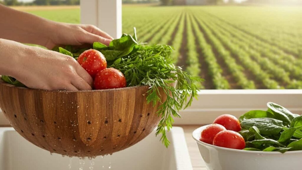 एक व्यक्ति एक लकड़ी के कटोरे/छलनी में ताज़ी सब्ज़ियों, जिनमें पालक, गाजर के पत्ते और चमकदार लाल टमाटर शामिल हैं, को रसोई के सिंक में धो रहा है। कटोरे से पानी टपक रहा है। पृष्ठभूमि में, एक खिड़की से धूप वाली दोपहर में दूर तक फैले हुए हरे-भरे खेत की कतारें दिखाई दे रही हैं, जो खेत से प्लेट तक के संबंध को दर्शाती है।