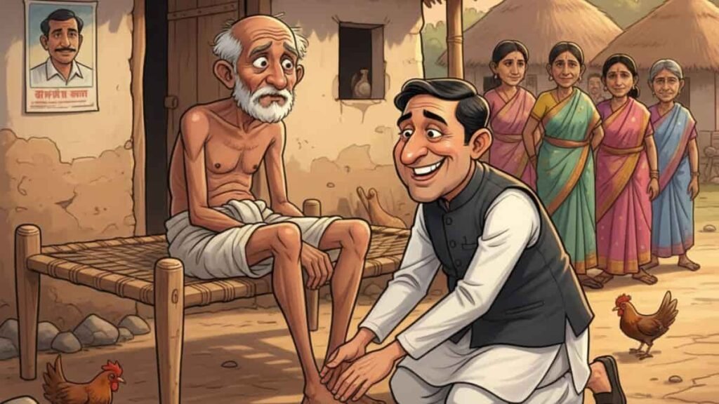 चुनाव से पहले नेता का पाँव दबाने वाला व्यंग्यात्मक कार्टून। झोपड़ी के सामने खटिया पर बैठे गरीब बुजुर्ग के पाँव दबाते स्मार्ट पॉलिटिशियन, जो वोट के लिए 'कॉमन मैन' बनने का नाटक कर रहे हैं।