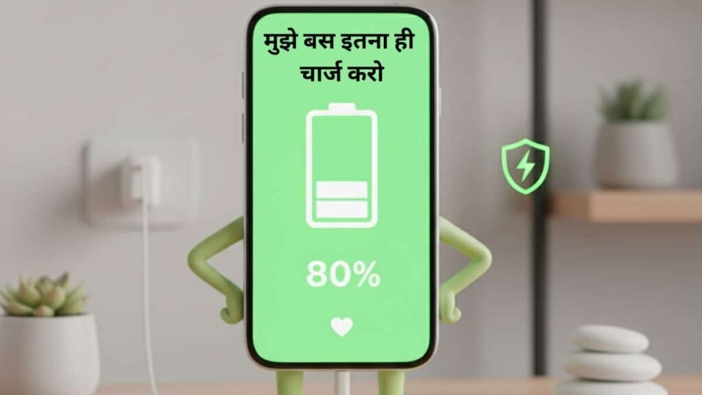 Mobile Care and Maintenance tip1 : कार्टून स्टाइल का खुश मोबाइल फ़ोन, जिसकी स्क्रीन पर 80% चार्जिंग हरे रंग में दिख रही है, और लिखा है 'मुझे बस इतना ही चार्ज करो'।