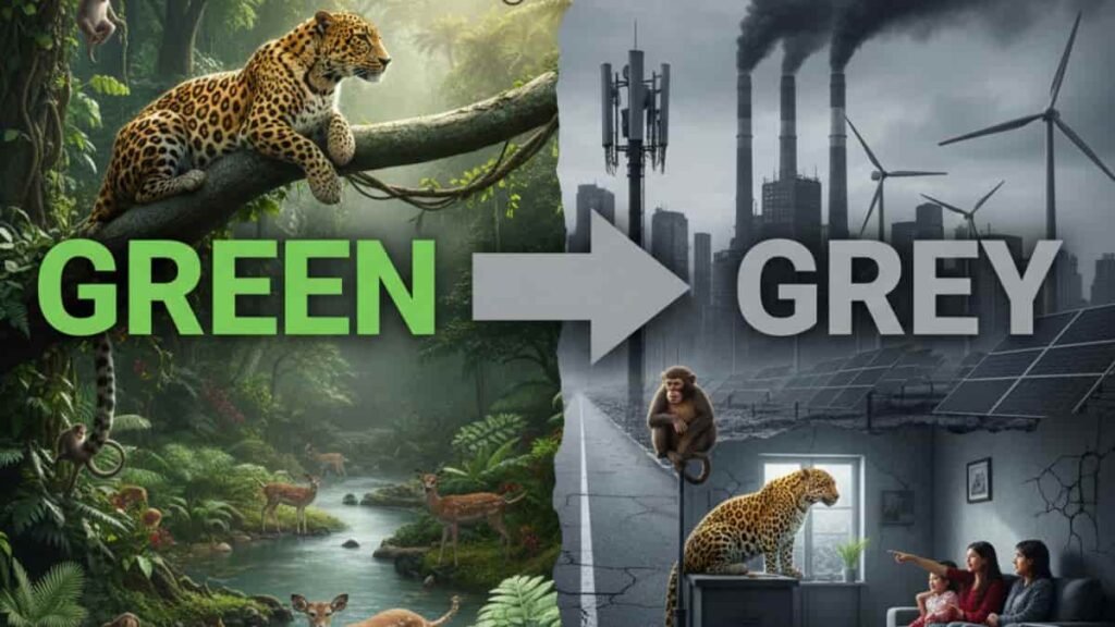 "एक बड़ी क्षैतिज इमेज जो 'Green to Grey' बदलाव को दर्शाती है। बायां भाग 'GREEN' है, जिसमें एक घना, हरा जंगल, नदी, तेंदुआ, हिरण और बंदर अपनी प्राकृतिक अवस्था में हैं। दायां भाग 'GREY' है, जिसमें एक प्रदूषित शहर, फ़ैक्ट्रियों से निकलता धुआँ, पवनचक्की, सोलर पैनल, सूखा हाईवे और घरों में डरा हुआ परिवार, तेंदुआ व एयर प्यूरीफायर हैं। इमेज के ऊपर '5 Shocking Green to Grey Truths: The Price We Pay' लिखा है। यह वनों की कटाई और शहरीकरण के विनाशकारी प्रभाव को दिखाता है।"