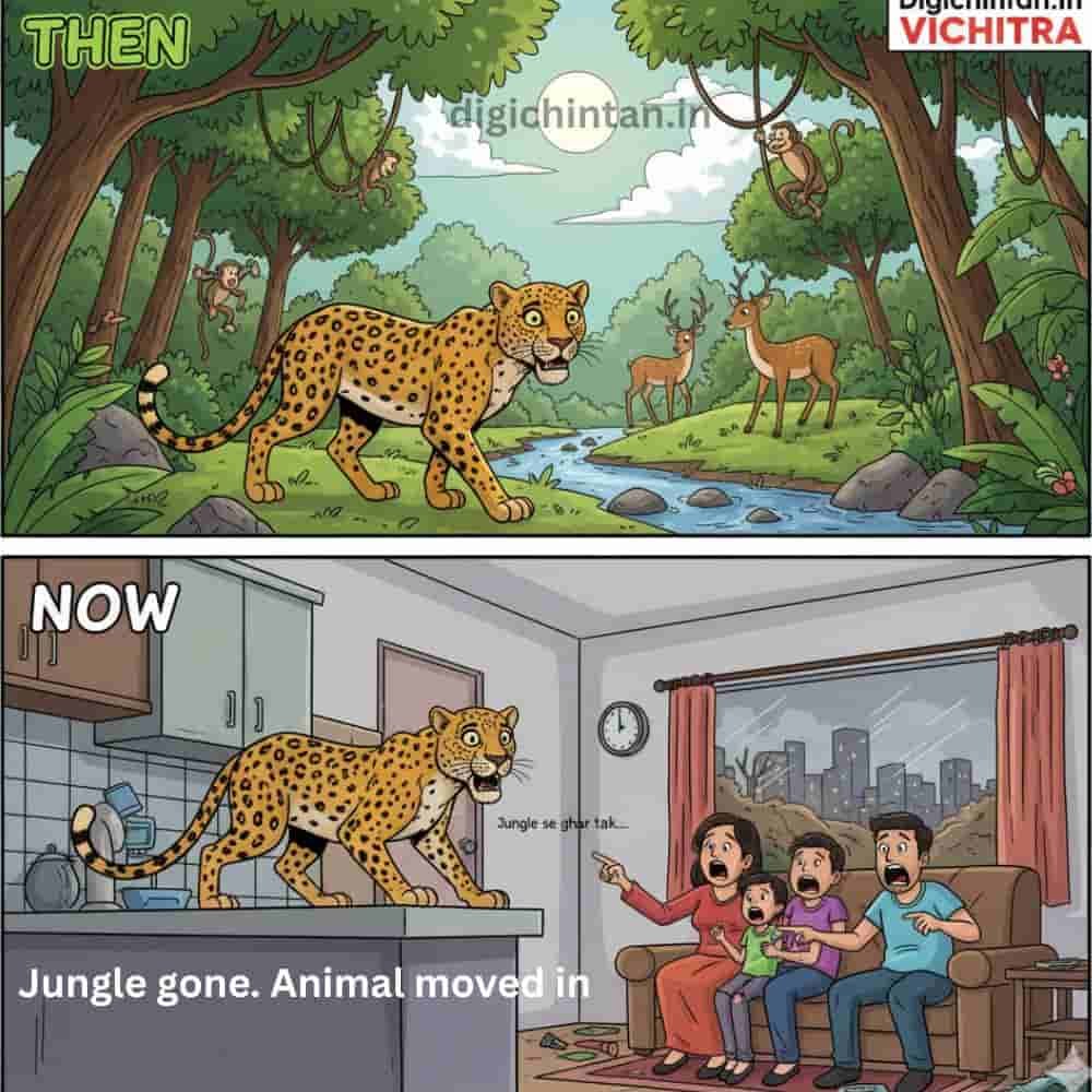 "Cartoon vertical image showing the devastating effect of deforestation and human-wildlife conflict. Top Panel ('Then'): A healthy leopard sits peacefully in a dense, green jungle, with a speech bubble saying, 'I was happy in the jungle before.' Bottom Panel ('Now'): The same leopard is shown sitting inside a modern human home (a living room corner), while a scared family looks on. A speech bubble above the leopard states, 'Plot twist: My jungle became your living room.' The image satirizes human encroachment on wildlife habitat."