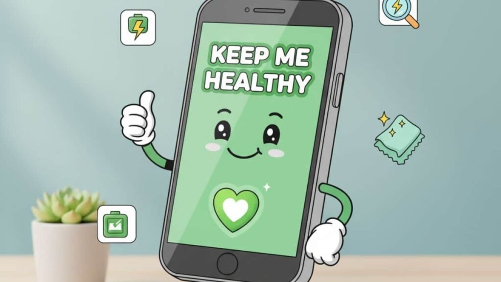 Mobile Care and Maintenance guide :"कार्टून मोबाइल फ़ोन मुस्कुराता हुआ, जिसकी स्क्रीन पर 'Keep Me Healthy' लिखा है और आस-पास मोबाइल केयर के आइकन्स हैं।"