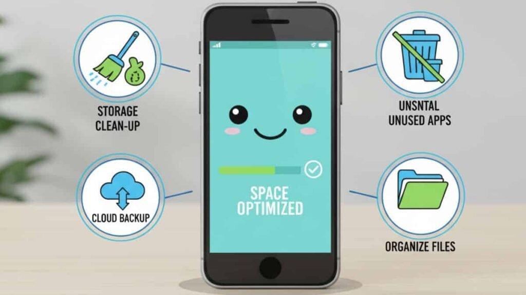 Mobile Care and Maintenance tip 4: मोबाइल फ़ोन की स्क्रीन पर 'Space Optimized' लिखा है, और आसपास स्टोरेज क्लीन-अप, क्लाउड बैकअप, अनइंस्टॉल ऐप्स, और फ़ाइल ऑर्गेनाइज़ करने के आइकन्स हैं।