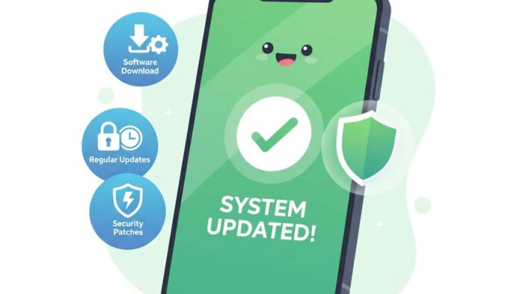 Mobile Care and Maintenance tip 3 :मोबाइल फ़ोन की स्क्रीन पर सिक्योरिटी शील्ड (सुरक्षा कवच) और अपडेट सिंबल दिख रहा है। यह नियमित सॉफ्टवेयर और सुरक्षा अपडेट्स के महत्व को दर्शाता है।