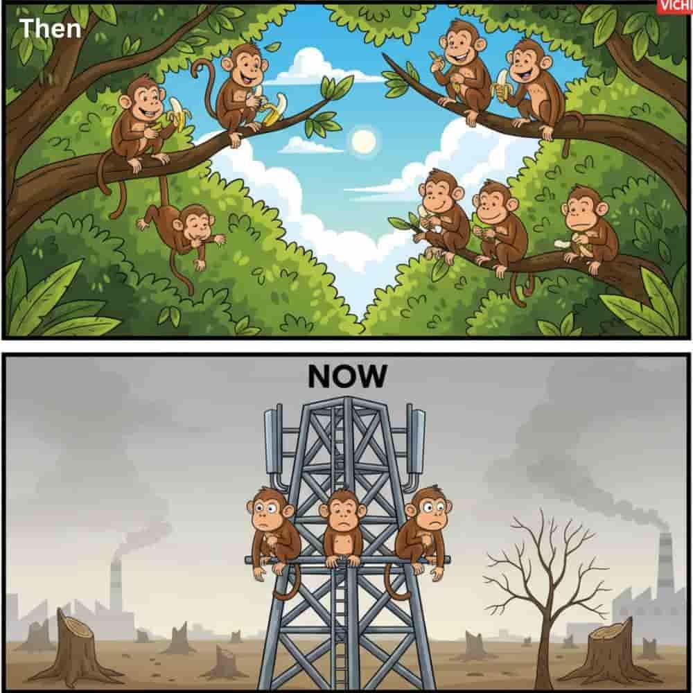 Cartoon vertical image showing the environmental impact of deforestation. Top panel ('Then'): Happy monkeys relax on lush green tree branches, eating bananas in a vibrant forest setting under a bright sky. Bottom panel ('Now'): The same monkeys appear sad and displaced, sitting on a stark grey mobile tower. In the background, tree stumps and industrial chimneys indicate widespread deforestation and urbanization, highlighting the loss of natural habitat."
