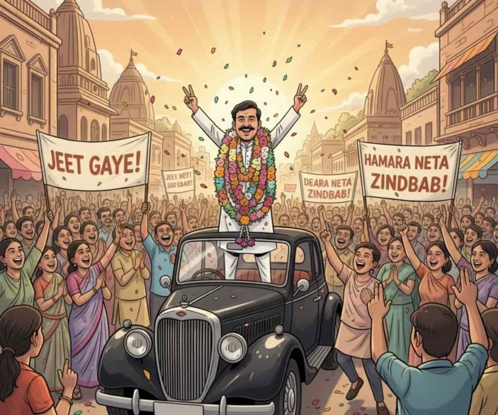 चुनाव जीतने के बाद एक नेता का भव्य विजय जुलूस। नेता एक विंटेज कार के ऊपर खड़े होकर दोनों हाथों से 'विक्टरी' (जीत) का निशान दिखा रहे हैं, उनके गले में फूलों की ढेर सारी मालाएं हैं। चारों ओर खुशी से झूमते लोग 'जीत गए!' और 'हमारा नेता जिंदाबाद!' के नारे लगाते हुए झंडे और बैनर लहरा रहे हैं। यह दृश्य चुनाव के बाद के उत्सव और 'स्मार्ट पॉलिटिशियंस' की लोकप्रियता को दर्शाता है।