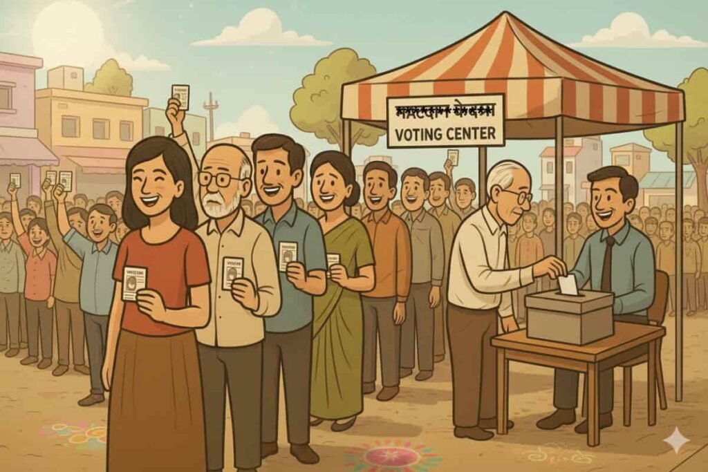 मतदान केंद्र के बाहर का रंगीन कार्टूनिस्ट दृश्य। खुशहाल, विविध (युवा और वृद्ध) मतदाता एक व्यवस्थित लाइन में खड़े होकर अपने नेता को वोट देने के लिए उत्साहित हैं, सभी के हाथों में वोटर आईडी कार्ड हैं। यह छवि 'Innocent Voters and Smart Politicians' के लेख में मतदाताओं के उत्साह और विश्वास को दर्शाती है।