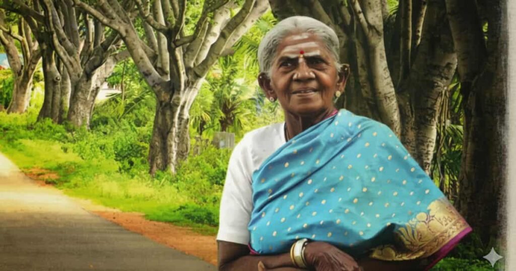 सालुमरदा तिम्मक्का का पेंसिल स्केच, वृक्षों से घिरी सड़क पर मुस्कुराते हुए।