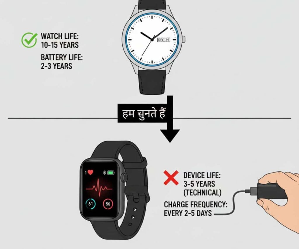 Simple life to complex life : ट्रेडिशनल काँटे वाली घड़ी और स्मार्टवॉच के जीवनकाल (Lifetime) और बैटरी चार्जिंग की तुलना। साधारण घड़ी की लाइफ 10-15 साल, बैटरी 2-3 साल; स्मार्टवॉच की कम लाइफ और हर 4-5 दिन में चार्जिंग को दर्शाती हुई रचनात्मक (creative) इमेज।