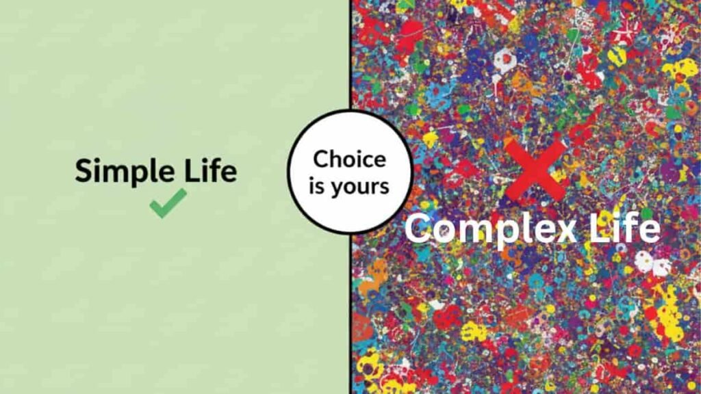 सरल जीवन को दर्शाने वाला एक सादा, आँखों को सुकून देने वाला हल्का हरा बैकग्राउंड और जटिल जीवन को दर्शाने वाला रंगों, डॉट्स तथा अस्पष्ट पैटर्न से भरा एक पेंटिंग।