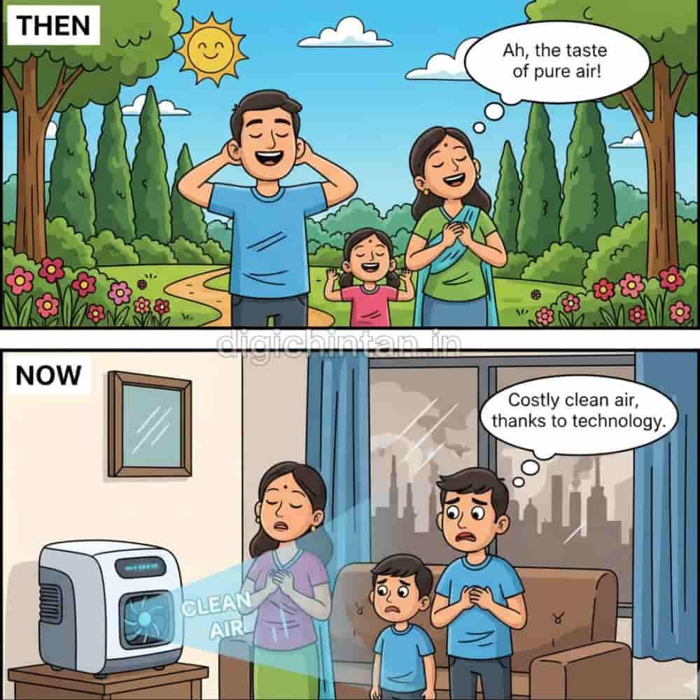 Cartoon vertical image showing the irony of air pollution and dependence on technology. Top Panel ('Then'): A person or family happily inhales deep breaths of air outdoors, surrounded by a lush green forest, clean blue sky, and abundant trees. Bottom Panel ('Now'): The same person or family is indoors, leaning towards a large, expensive Air Purifier to breathe 'clean air.' The window view shows a hazy, smoggy urban environment, symbolizing that trees were replaced by gadgets to filter polluted air."