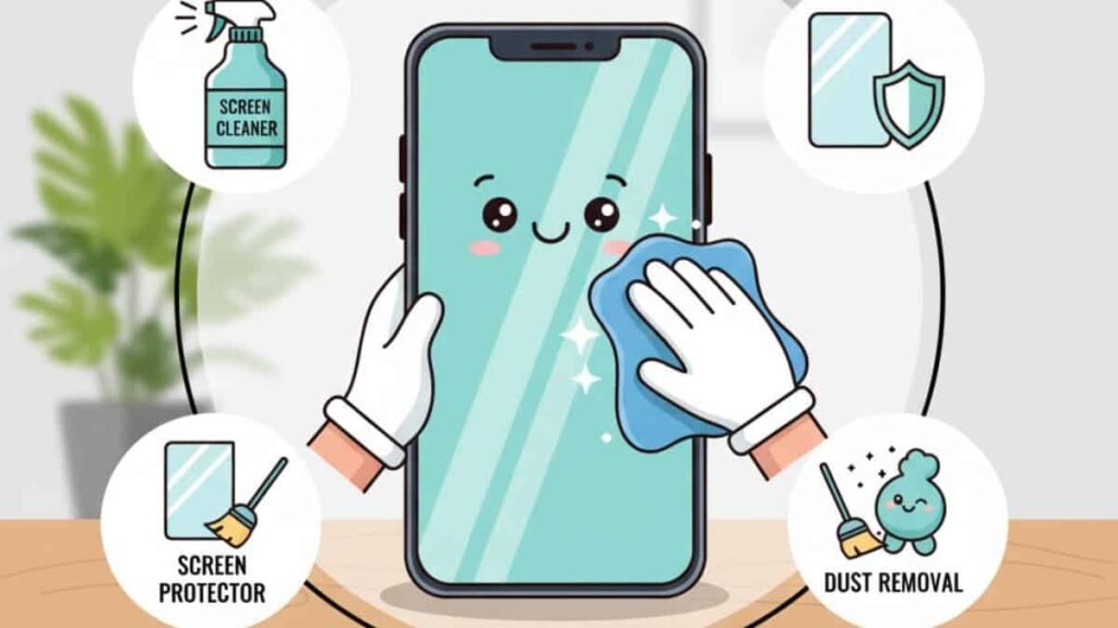 Mobile Care and Maintenance tip4 :माइक्रोफ़ाइबर कपड़े से मोबाइल स्क्रीन की सफ़ाई की जा रही है, साथ में स्क्रीन प्रोटेक्टर और क्लीनिंग स्प्रे रखा है। यह मोबाइल स्क्रीन हाइजीन को दर्शाता है।