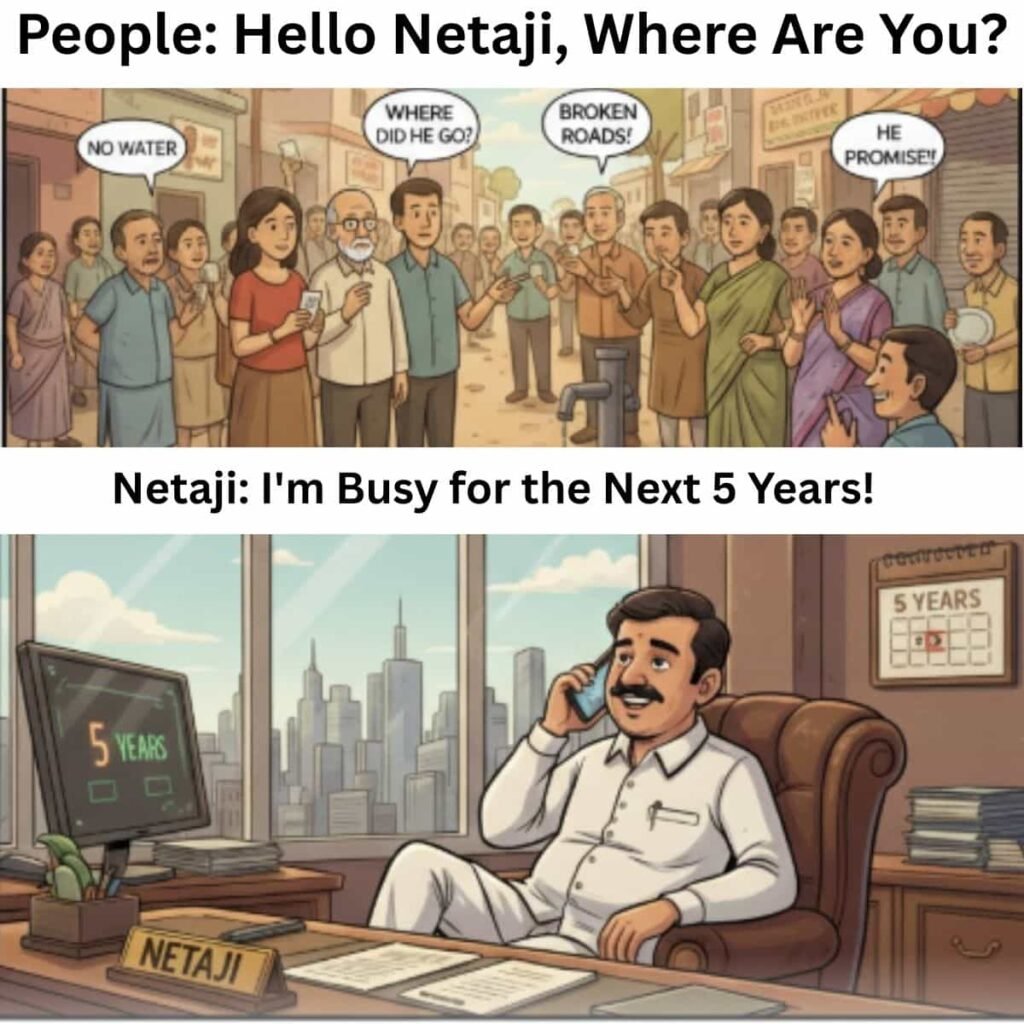 दो पैनल वाला व्यंग्यात्मक चित्रण जो चुनाव के बाद की कड़वी सच्चाई को दिखाता है। ऊपरी पैनल में, आम मतदाता अपनी समस्याओं (जैसे 'NO WATER', 'BROKEN ROADS') के साथ 'Netaji, Where Are You?' पूछ रहे हैं। निचले पैनल में, Netaji अपने शानदार ऑफिस में फोन पर आराम से बैठे हैं, जहाँ कैप्शन है 'I'm Busy for the Next 5 Years!'। यह छवि 'Innocent Voters and Smart Politicians' के बीच के धोखे और विडंबना को उजागर करती है।