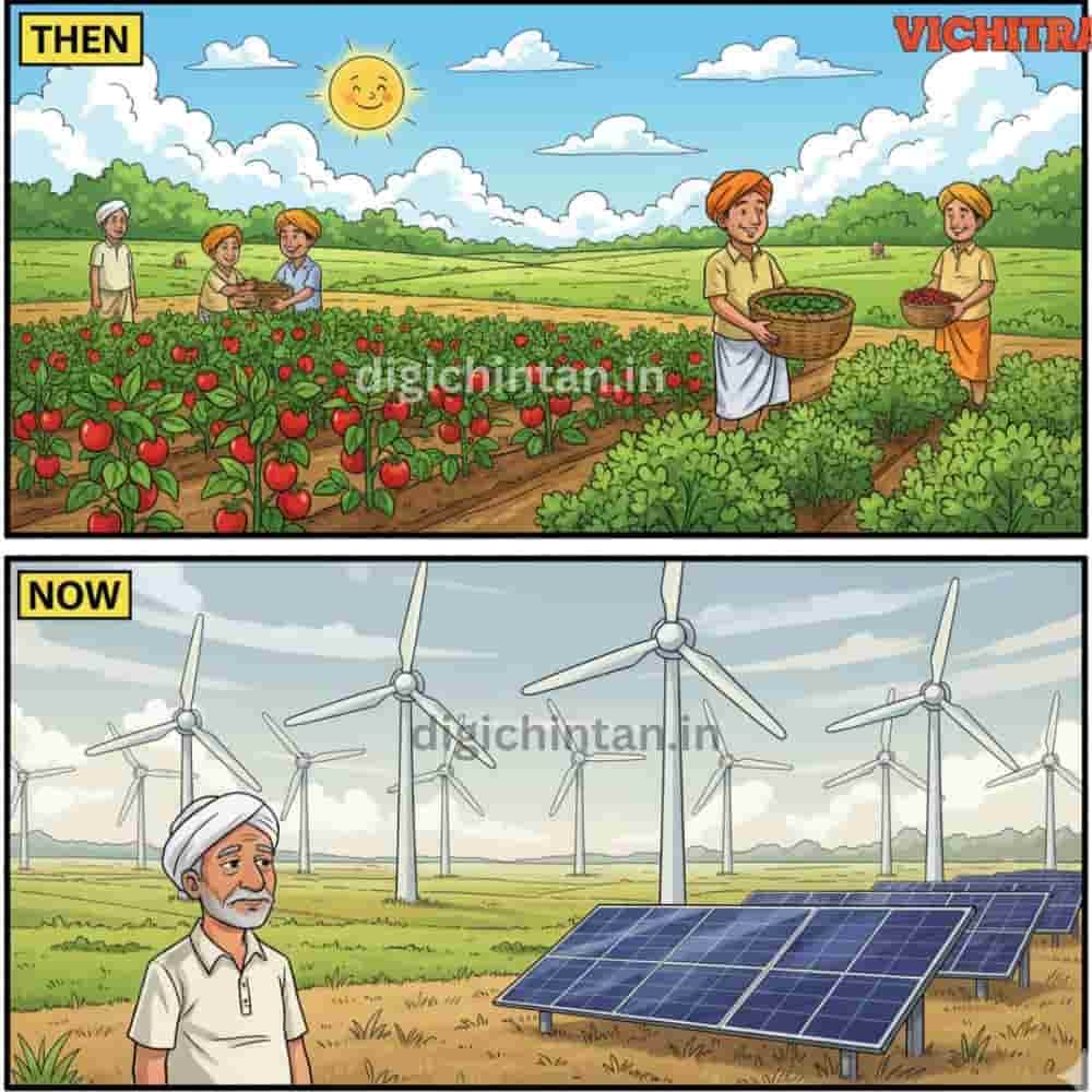 Cartoon vertical image illustrating the shift from agriculture to renewable energy. Top panel ('Then'): Farmers happily work in lush green fields filled with crops like tomatoes and fenugreek under a sunny sky, depicting traditional farming. Bottom panel ('Now'): The same fields are transformed into a landscape dominated by numerous wind turbines and solar panels. A lone, older farmer looks on with a contemplative expression, symbolizing the changing use of agricultural land for energy production.
