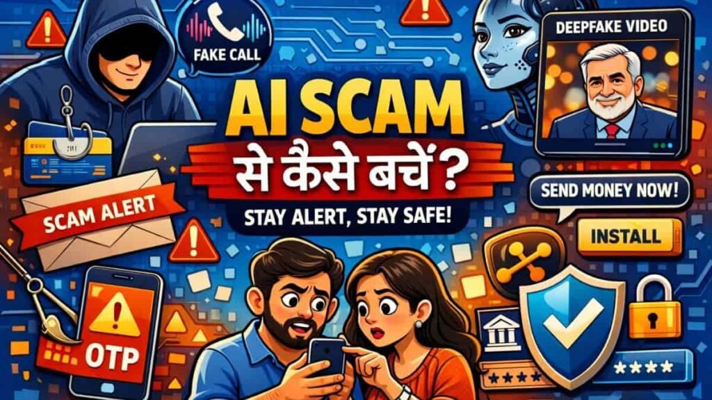 AI scam से कैसे बचें – Generative AI से होने वाली ऑनलाइन ठगी, fake calls, deepfake video और OTP fraud को दिखाती cartoon style image