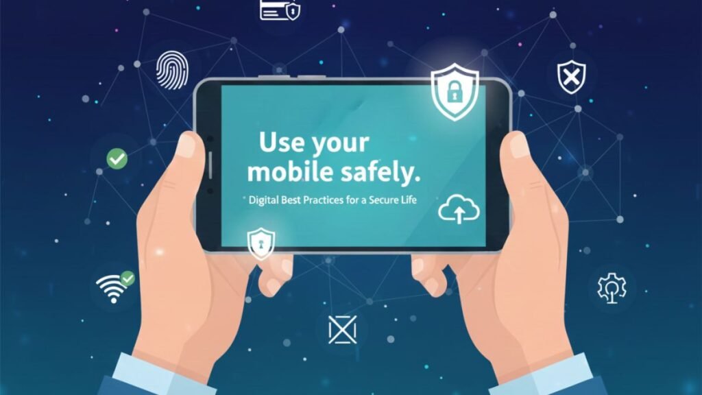 "बेहतरीन डिजिटल प्रैक्टिस" -  एक व्यक्ति के हाथों में मोबाइल फोन जिसकी स्क्रीन पर 'Use your mobile safely.' और 'Digital Best Practices for a Secure Life' लिखा है। इमेज में फिंगरप्रिंट, शील्ड लॉक, क्लाउड, वाईफाई, और अन्य डिजिटल सुरक्षा से जुड़े आइकन भी दिख रहे हैं।