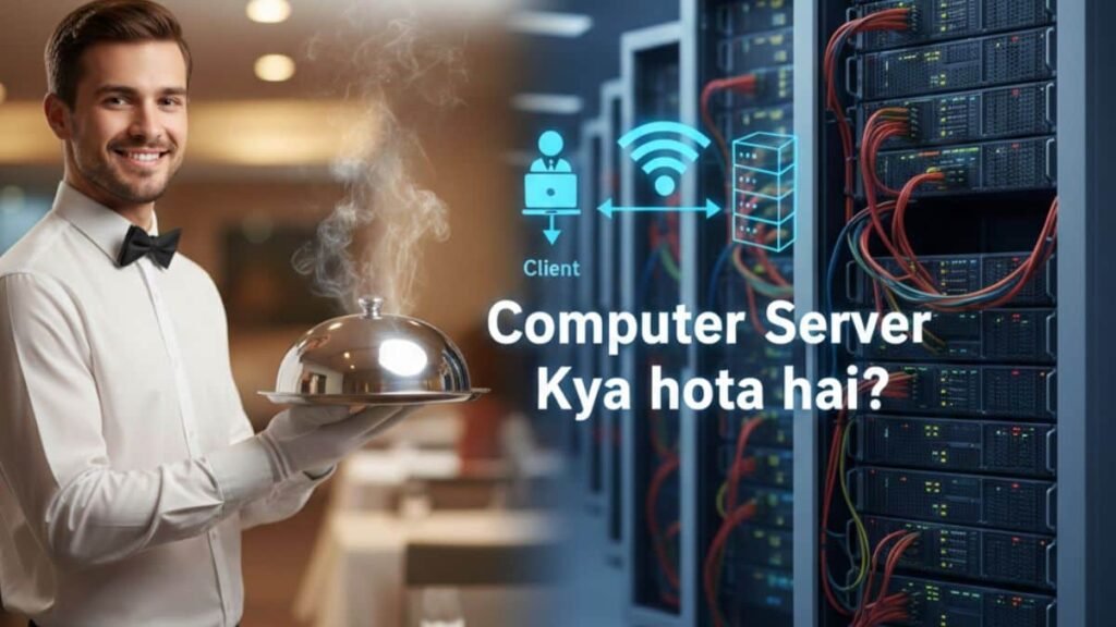 होटल सर्वर और कंप्यूटर सर्वर रूम को बीच से विभाजित करते हुए एक रचनात्मक तस्वीर। बाईं ओर, एक मुस्कुराता हुआ वेटर भोजन से भरी ट्रे (ट्रे पर भाप निकलती हुई) पकड़े हुए है, जो क्लाइंट को 'सेवा' दे रहा है। दाईं ओर, एक सर्वर रैक रूम (डेटा सेंटर) दिखाई दे रहा है, जिसमें तारों के साथ बड़े सर्वर कैबिनेट लगे हैं, जो डिजिटल सेवा का प्रतीक हैं। तस्वीर के बीच में हिंदी में शीर्षक है: "Computer Server Kya hota hai?"।
