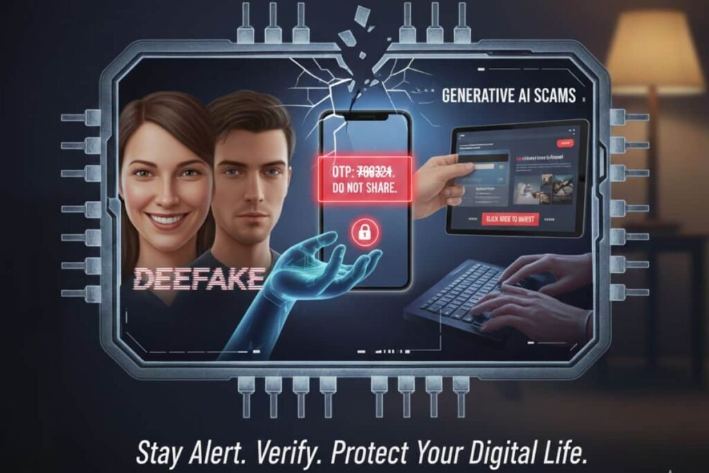 AI scam से कैसे बचें? : एक डिजिटल ग्राफिक जिसमें एक रोबोटिक चेहरा और एक असली इंसान के चेहरे का मिश्रण दिखाया गया है। स्क्रीन पर 'Alert' के संकेत, एक चमकता हुआ डॉलर का सिंबल और कीबोर्ड पर चलते हाथ दिख रहे हैं, जो AI और डिजिटल स्कैम (धोखाधड़ी) के खतरे को दर्शाते हैं।