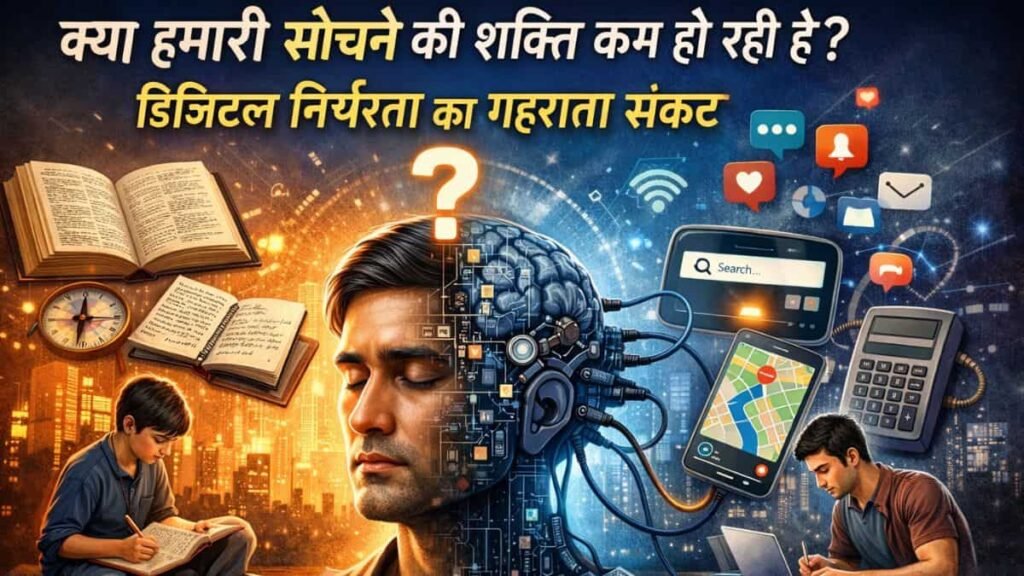 डिजिटल निर्भरता और सोचने की शक्ति पर आधारित चित्र, जिसमें एक व्यक्ति का आधा मस्तिष्क तकनीक से जुड़ा हुआ और आधा पारंपरिक ज्ञान से जुड़ा दिखाया गया है, जो दर्शाता है कि क्या हमारी सोचने की शक्ति कम हो रही है? और कैसे मोबाइल, GPS, कैलकुलेटर और इंटरनेट पर बढ़ती निर्भरता मानव चिंतन को प्रभावित कर रही है।