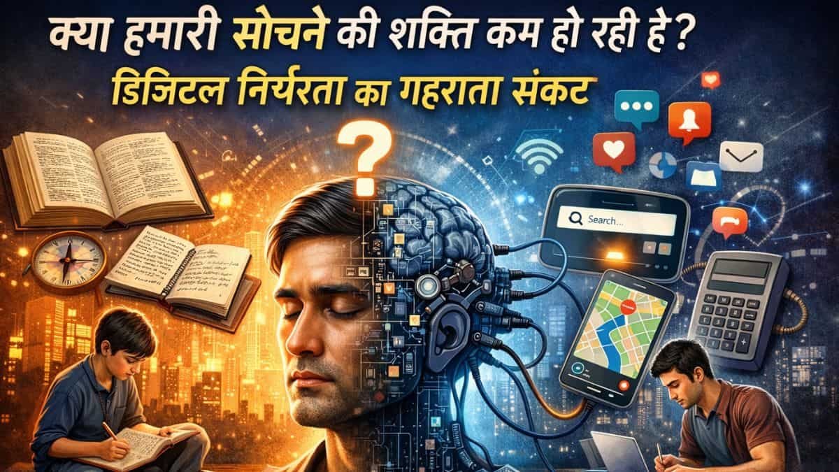 डिजिटल निर्भरता और सोचने की शक्ति पर आधारित चित्र, जिसमें एक व्यक्ति का आधा मस्तिष्क तकनीक से जुड़ा हुआ और आधा पारंपरिक ज्ञान से जुड़ा दिखाया गया है, जो दर्शाता है कि क्या हमारी सोचने की शक्ति कम हो रही है? और कैसे मोबाइल, GPS, कैलकुलेटर और इंटरनेट पर बढ़ती निर्भरता मानव चिंतन को प्रभावित कर रही है।