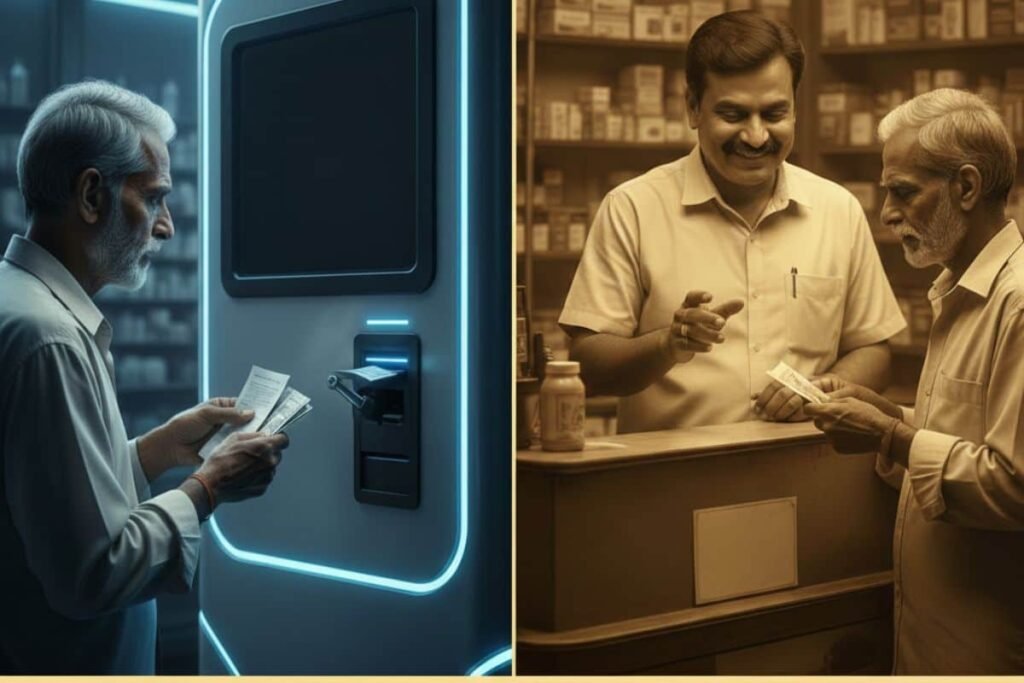 India me automated customer service ki samasya darshati hui ek chitra jisme ek jagaha ek insaan machines ke samne bebas khada hua hai. Dusri taraf ek medical shop se insaan khushi se sewaye de raha hai

