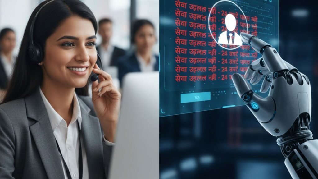 मानव ग्राहक सेवा प्रतिनिधि और एक रोबोटिक ऑटोमेटेड सिस्टम के बीच तुलना दर्शाने वाली छवि