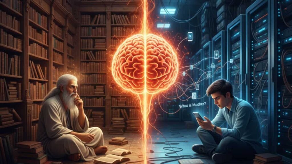 क्या हमारी सोचने की शक्ति कम हो रही है?" को दर्शाता हुआ एक चित्र। इसके एक ओर एक गुरुजी किताबों को पढ़कर अपना ज्ञान बढ़ा रहे हैं, जबकि दूसरी ओर एक बच्चा मोबाइल में खोया हुआ है और उसकी सोचने की शक्ति कम हो गई है।