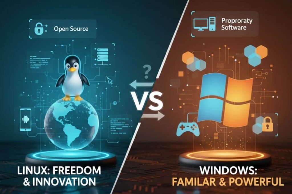 एक तरफ Linux का पेंगुइन लोगो और दूसरी तरफ माइक्रोसॉफ्ट विंडोज का लोगो, जो दोनों ऑपरेटिंग सिस्टम के बीच के अंतर को दर्शाता है।"