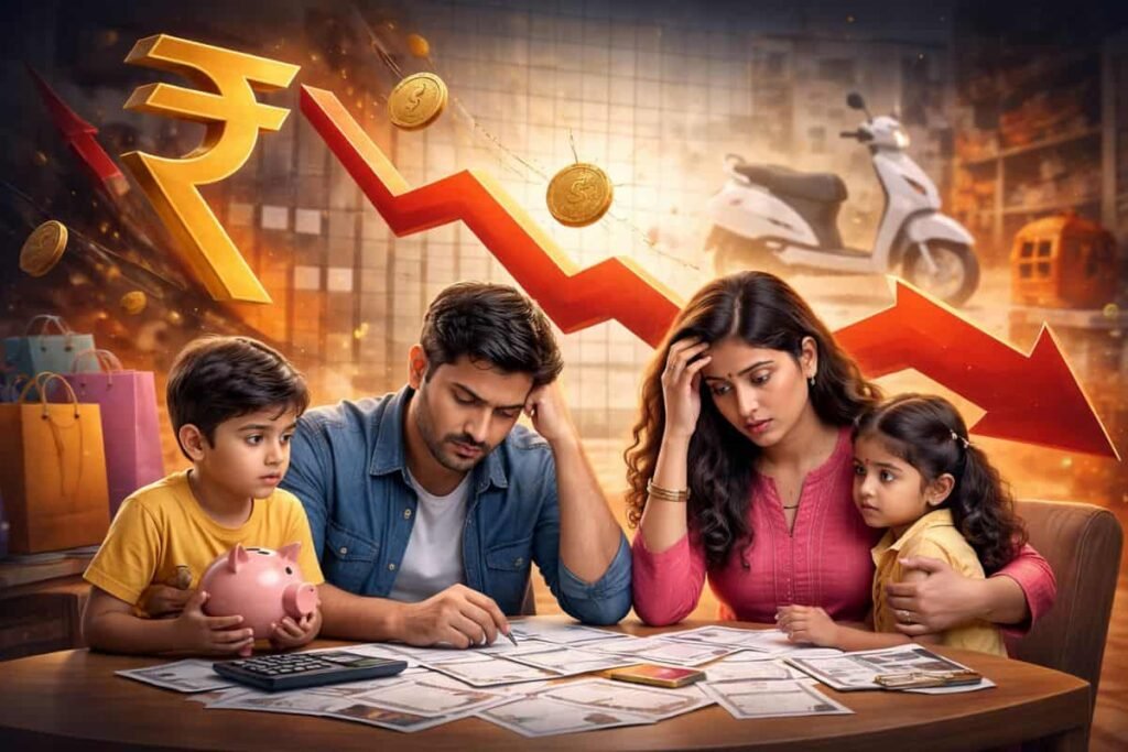 मध्यवर्गीय भारतीय परिवार वित्तीय दबाव में चिंतित, सामने खाता-बिल और कागजात, पीछे गिरती मुद्रा का प्रतीक और लाल तीर, जो घटती खरीदने की शक्ति को दर्शाता है।