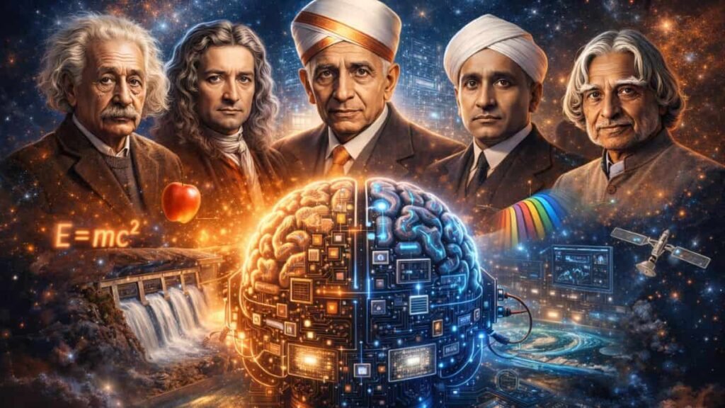 इंसानी मस्तिष्क की असीम शक्ति को दर्शाता रचनात्मक चित्र, जिसमें आइंस्टीन के साथ E=mc², न्यूटन के पास सेब, सर एम. विश्वेश्वरैया के नीचे बाँध, सी.वी. रमन के साथ सात रंग और डॉ. एपीजे अब्दुल कलाम के पास उपग्रह दिखाया गया है, जो यह प्रश्न उठाता है कि हमारी सोचने की शक्ति कम हो रही है या तकनीक के दौर में भी मानव चिंतन सर्वोपरि है।”