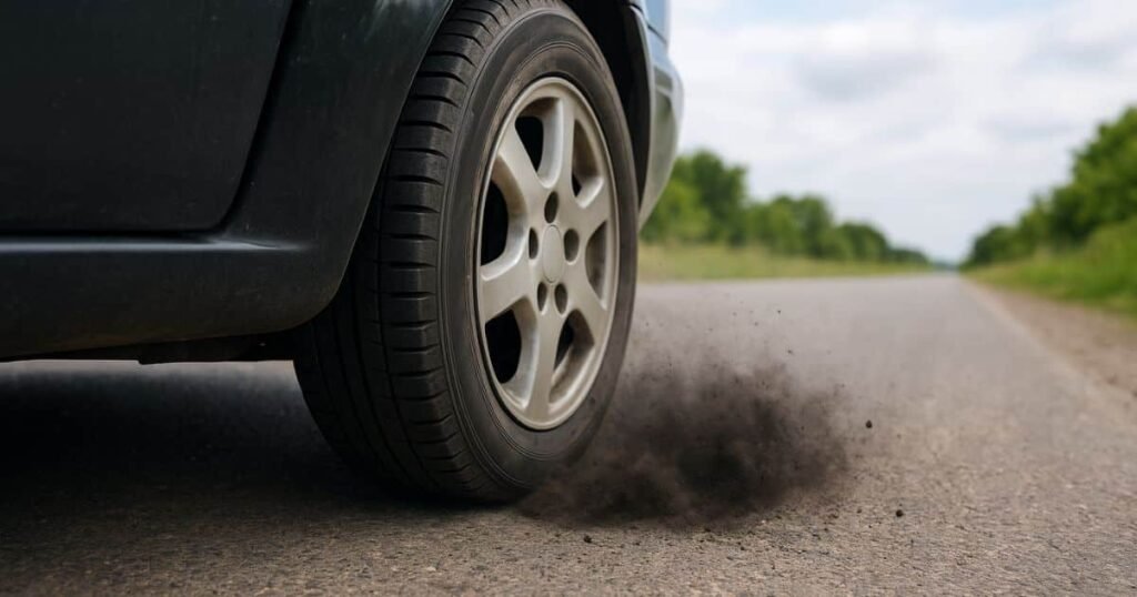 Tyre se pradushan kaise hoti hai? : यह तस्वीर दिखाती है कि कैसे एक टायर सड़क पर घिसने से उसका रबड़ माइक्रोप्लास्टिक बन जाता है।